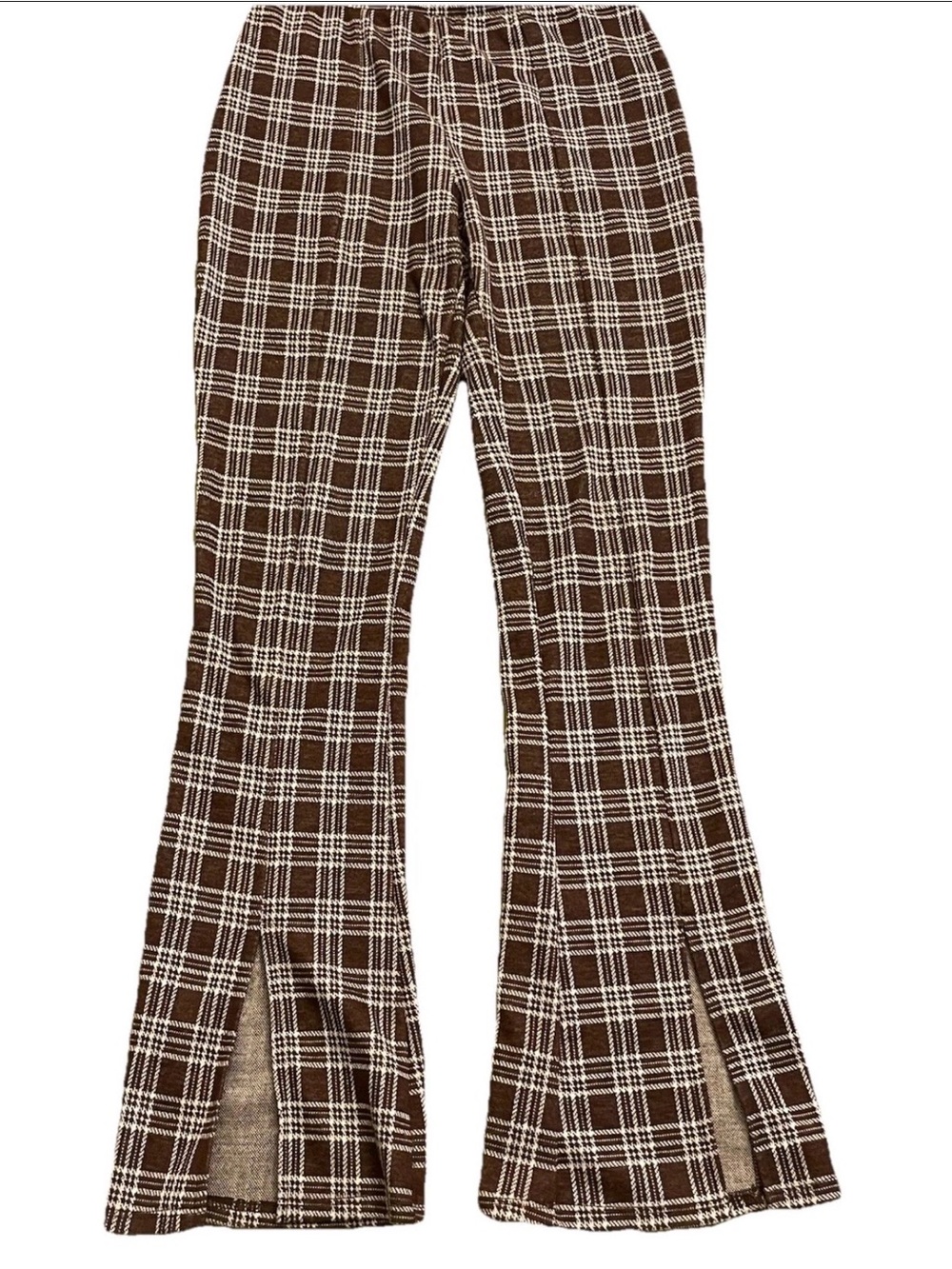 Urban Renewal Plaid Flare Pants Women’s Small Brown Cream Split Hem Retro USA